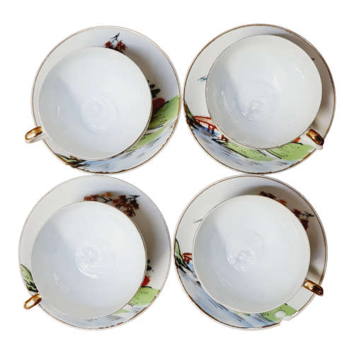 Vintage Japanese Lithophane Geisha Kutani Porcelain Tea Cups and Saucers Bone China Japan, four sets