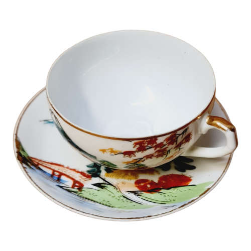 Vintage Japanese Lithophane Geisha Kutani Porcelain Tea Cups and Saucers Bone China Japan, four sets