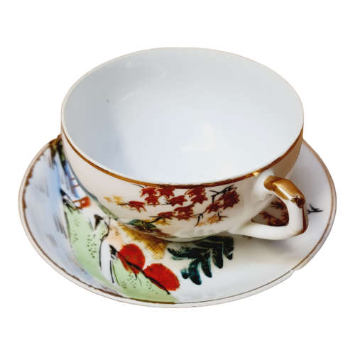 Vintage Japanese Lithophane Geisha Kutani Porcelain Tea Cups and Saucers Bone China Japan, four sets