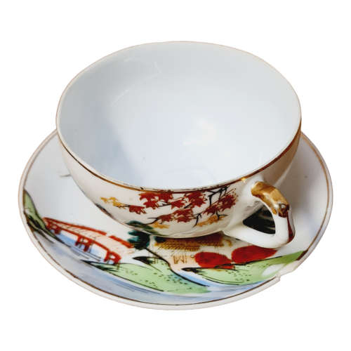 Vintage Japanese Lithophane Geisha Kutani Porcelain Tea Cups and Saucers Bone China Japan, four sets