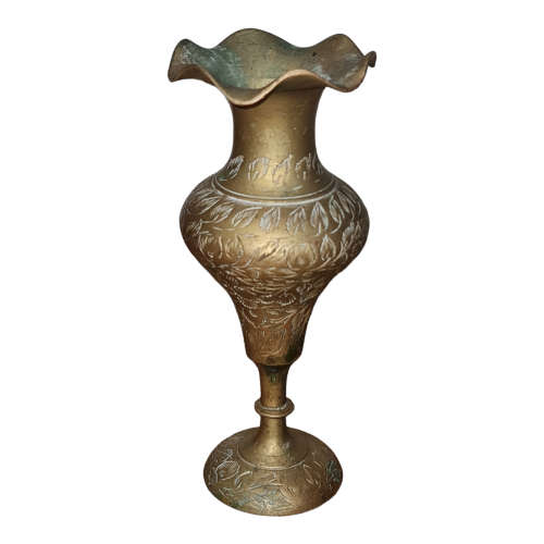 VINTAGE INDIAN BRASS VASE WITH RUFFLED RIM AND INTRICATE DESIGN 6` TALL DECOR