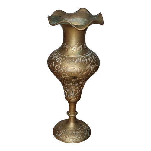 VINTAGE INDIAN BRASS VASE WITH RUFFLED RIM AND INTRICATE DESIGN 6` TALL DECOR