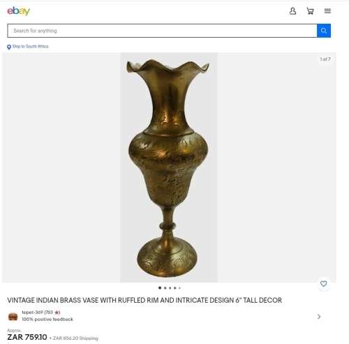VINTAGE INDIAN BRASS VASE WITH RUFFLED RIM AND INTRICATE DESIGN 6` TALL DECOR