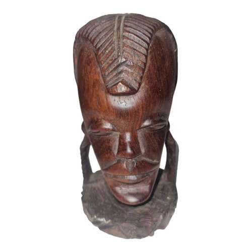 Vintage Tribal Heavy Hand Carved Wooden African Head Sculpture Malawi