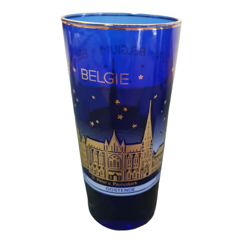 Cobalt Blue and Gold Belgium Souvenir Drinking Glass