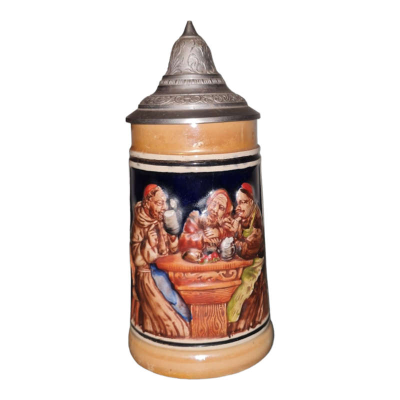 Vintage German ceramic beer mug with a hinged pewter lid.
