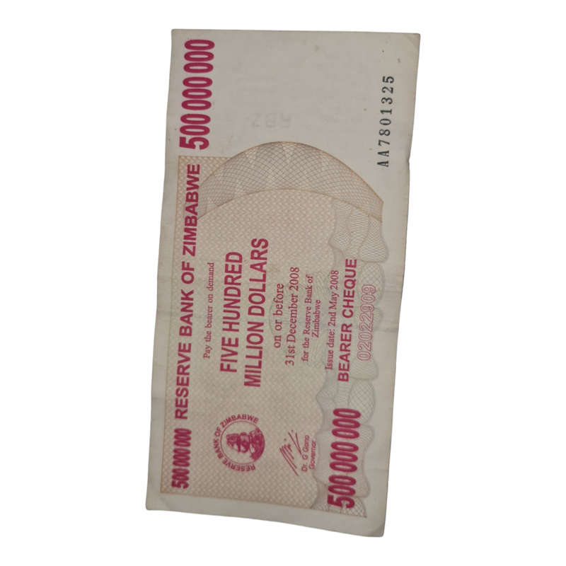 Zimbabwe 500 million dollars bearer cheque