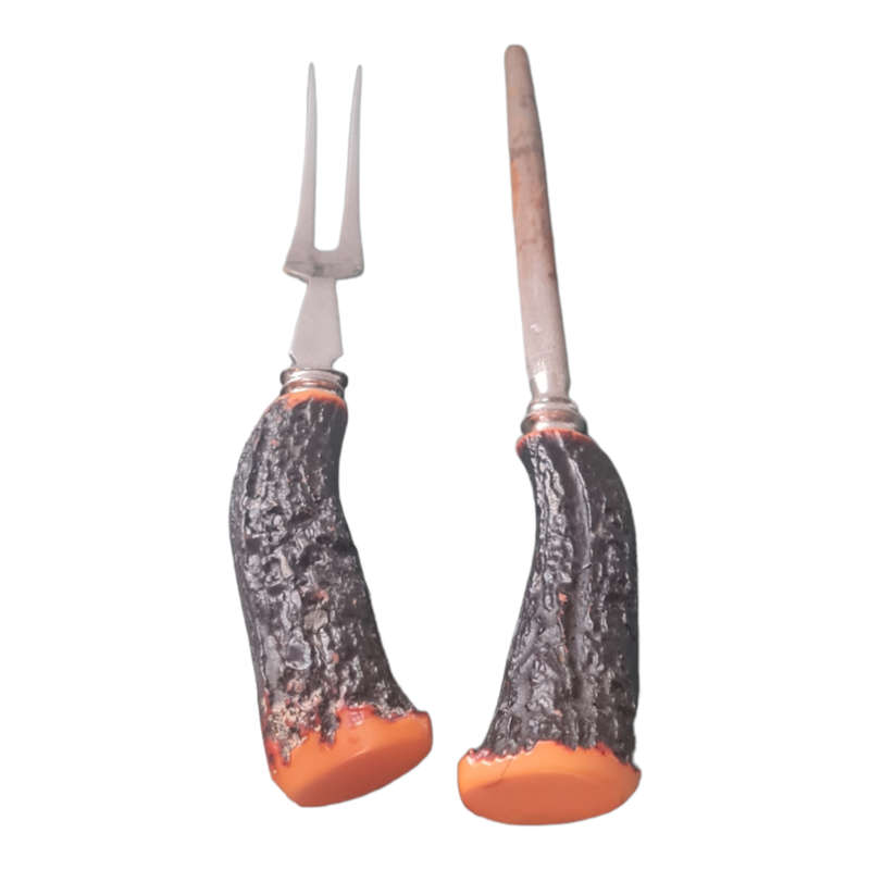 Vintage Sheffield Cutlery Craving Set Antler Bone Hunter Forage Cottage core