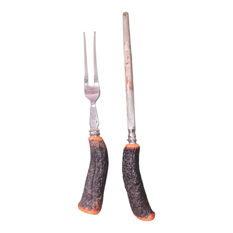 Vintage Sheffield Cutlery Craving Set Antler Bone Hunter Forage Cottage core