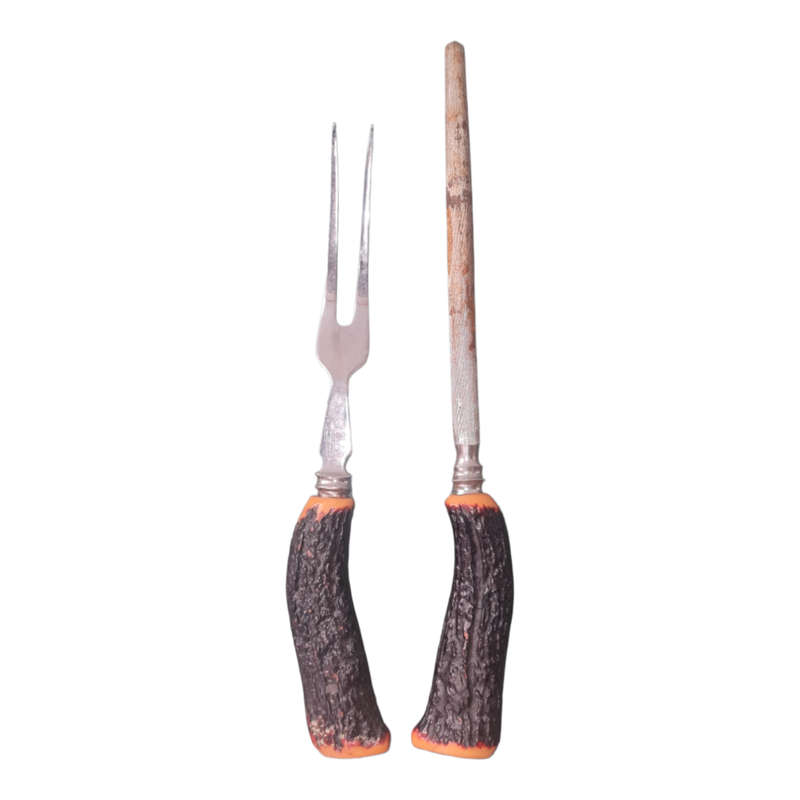 Vintage Sheffield Cutlery Craving Set Antler Bone Hunter Forage Cottage core