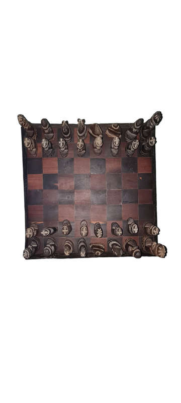 VINTAGE POLISH HAND CARVED WOOD FIGURAL CHESS SET 32 p