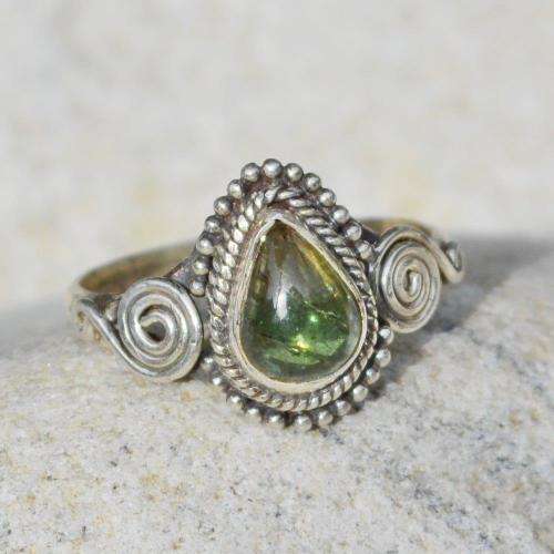 Sterling Silver & Natural Green Tourmaline Ring - Size N
