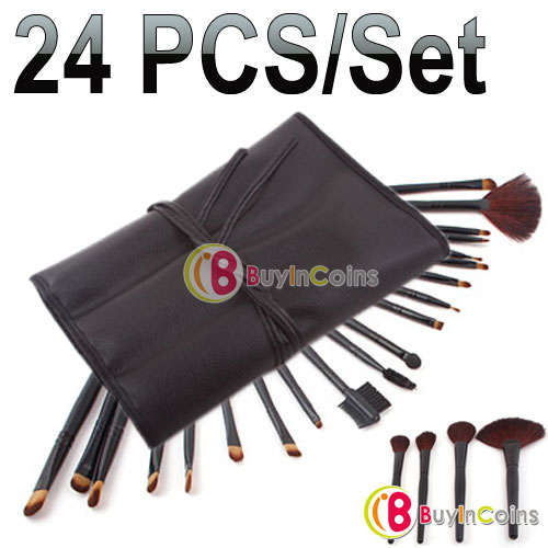 24 Makeup Brush Set Goat Hair Blush Gloss Leather Case