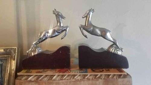 Africana! Vintage Metal Springbokke Mounted On Wood Bookends. Some wear to the bokke horns.18 x 14cm