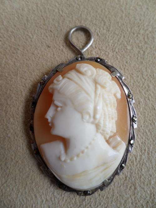 Vintage Cameo Shell Pendant In Sterling Silver With Marcasite Detail.