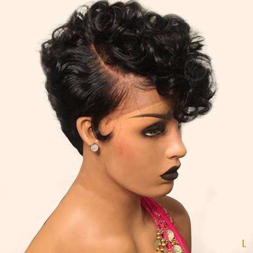 Peruvian Hair Wig lace Frontal short Pixie cut curly black t-part. Grade 12A