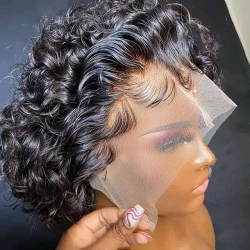 Ear to Ear Lace Frontal 13x4 Peruvian Hair Wig short pixie cut curly black. Grade 12A