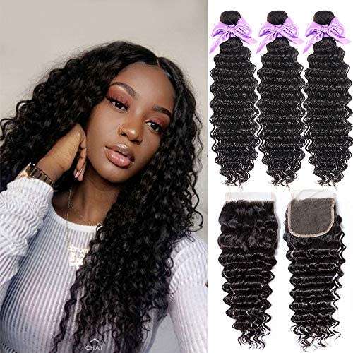 Peruvian Hair 3 Bundles and 4x4 3 way lace closure 14inch , Deep curly. 12A