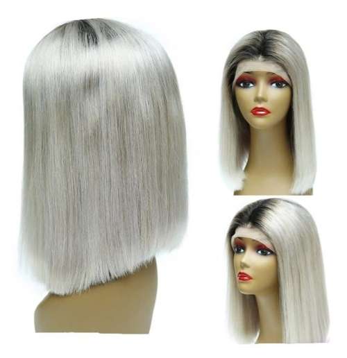 Ear to ear peruvian Hair Wig 13x4 lace Frontal Ombre Gray 12 inch. Grade 12A