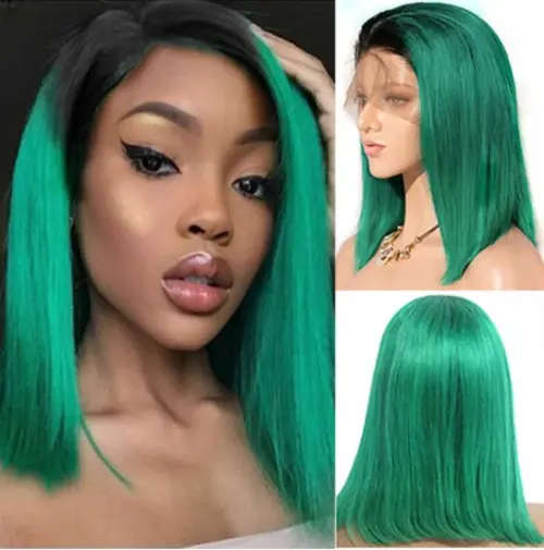 Peruvian Hair Wig with 4x4 3 way lace closure Ombre Green 12 inch Bob. Grade 12A