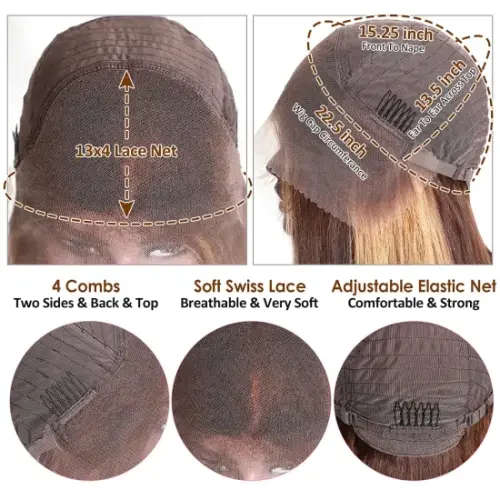 Ear to ear Peruvian Hair Wig lace Frontal 13x4 straight 16 inch  brown highlights. 12A