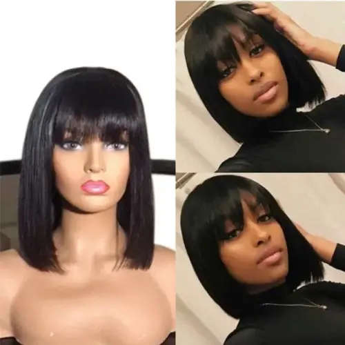 Peruvian Hair Wig Fringe Bob Black 12 inch  . Grade 12A