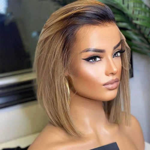 Ear to ear lace Frontal 8inch 13x4 Peruvian Hair Wig Straight Ombre ash brown. 12A