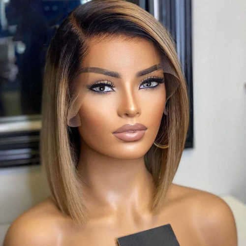 Ear to ear lace Frontal 8inch 13x4 Peruvian Hair Wig Straight Ombre ash brown. 12A