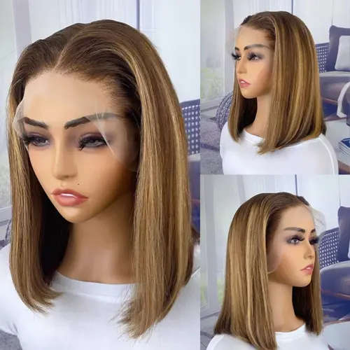 Ear to ear Peruvian Hair Wig lace Frontal 13x4 straight 16 inch  brown highlights. 12A