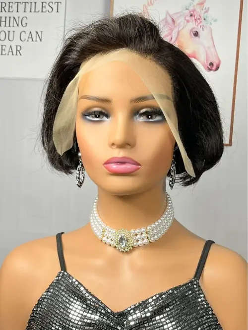 Ear to ear Peruvian Hair Wig Lace Frontal 13x4 short pixie cut black. 12A
