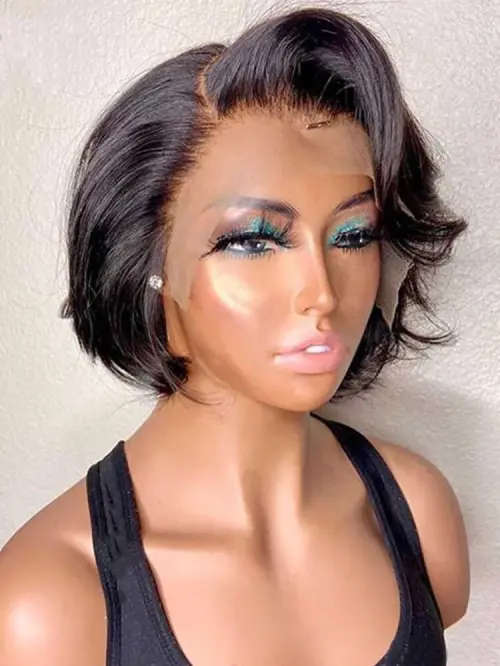 Ear to ear Peruvian Hair Wig Lace Frontal 13x4 short pixie cut black. 12A