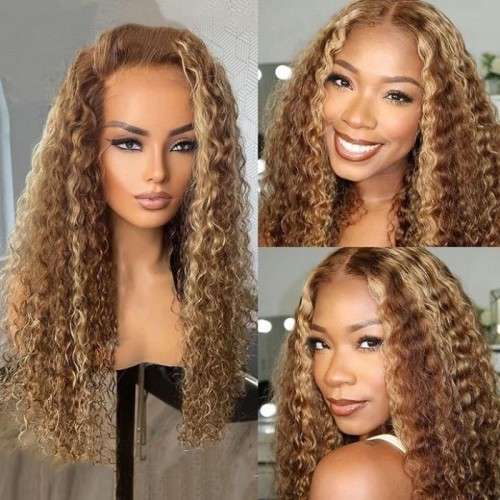 Ear to ear lace frontal 13x4 Peruvian Hair Wig water curly blonde highlights 14inch . 12A