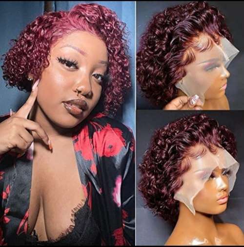 Ear to Ear Lace Frontal 13x4 Peruvian Hair wig short pixie curly burgundy. Grade12A
