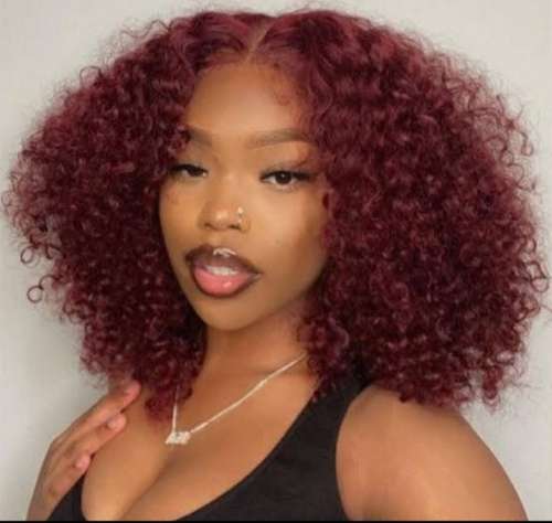 Ear to ear Lace Frontal 13x4 curly Wig Peruvian Hair 8 inch, burgundy Red. Grade 12A