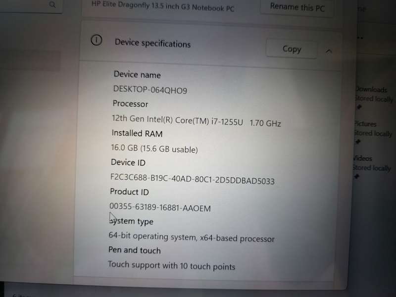 HP Elite - Dragonfly G3 - i7 12th Gen -16GB Ram - 256GB SSD - Touch Screen - Very Good Condition