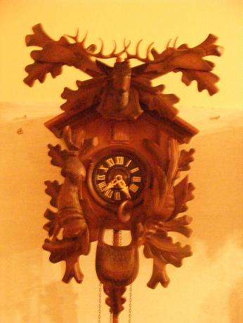 LARGE 1960'S BLACK FOREST HUNTERS DEER AND RABBIT CUCKOO CLOCK