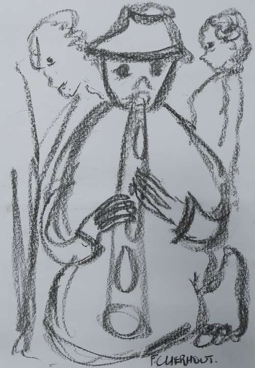 Frans Claerhout - Figure with flute - Charcoal on paper 42cm x 30cm with COA