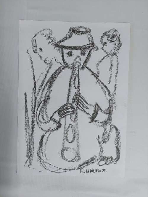 Frans Claerhout - Figure with flute - Charcoal on paper 42cm x 30cm with COA