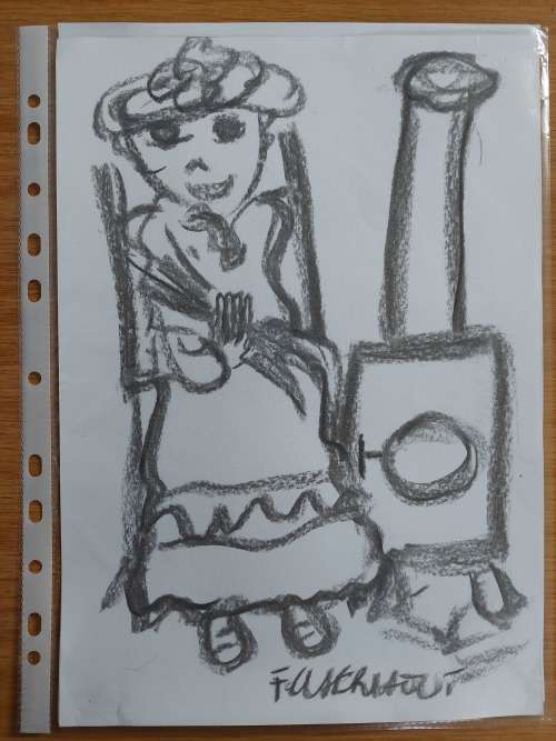Frans Claerhout - Figure at stove - Charcoal on paper 21cm x 30cm with COA