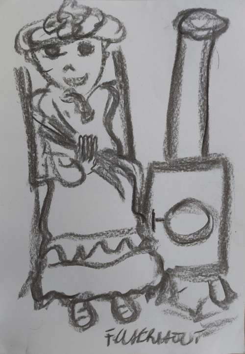 Frans Claerhout - Figure at stove - Charcoal on paper 21cm x 30cm with COA
