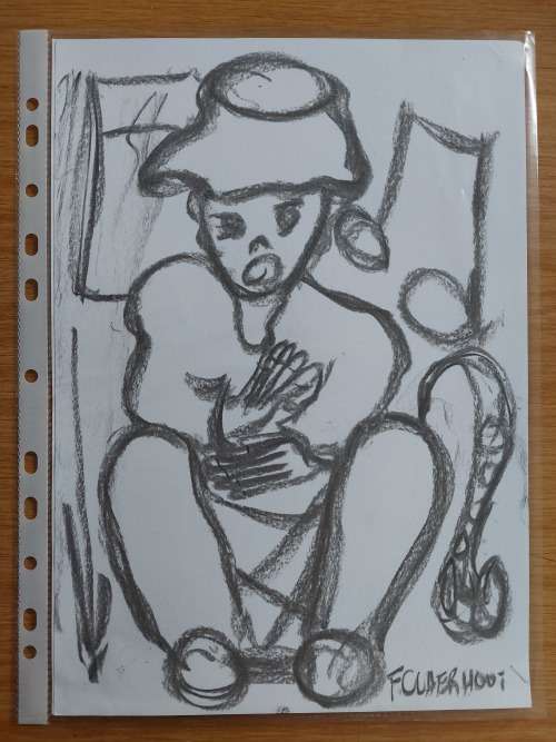 Frans Claerhout - Figure with drum - Charcoal on paper 21cm x 30cm with COA