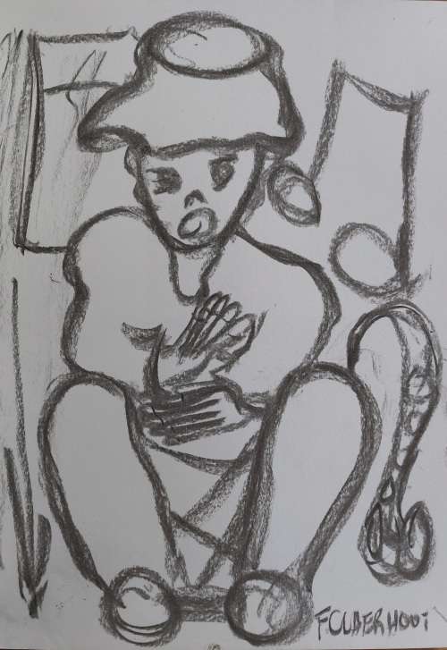 Frans Claerhout - Figure with drum - Charcoal on paper 21cm x 30cm with COA