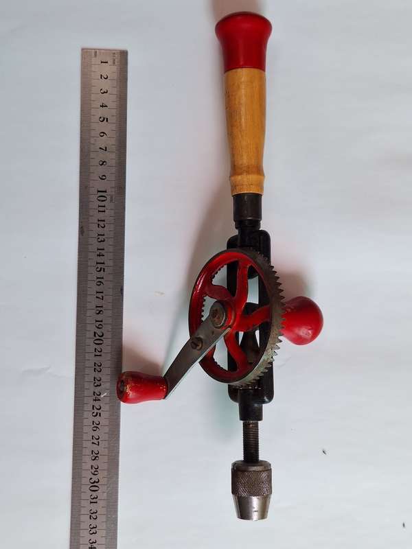 Vintage Hand Crank Drill, Red Metal Gear, Wood Handle, Beautiful Collectable Piece.