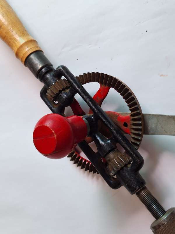 Vintage Hand Crank Drill, Red Metal Gear, Wood Handle, Beautiful Collectable Piece.