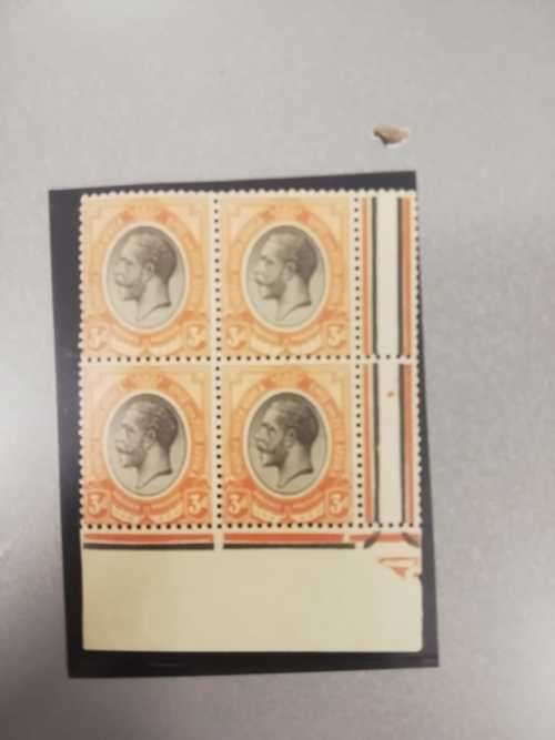 Kings Head - KGV 3d Block of 4 Mint Superb Stamps with orniment in margin