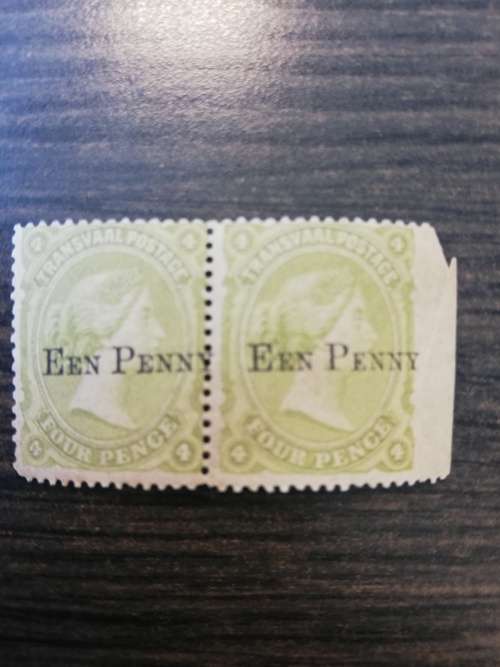 1882 'EEN PENNY' surcharge on QV 4d sage-green showing . Fine mint.pair SG 170