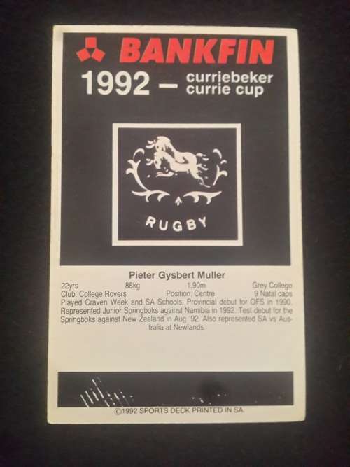 1992 Sports Deck Trading Cards # 94 Pieter Muller