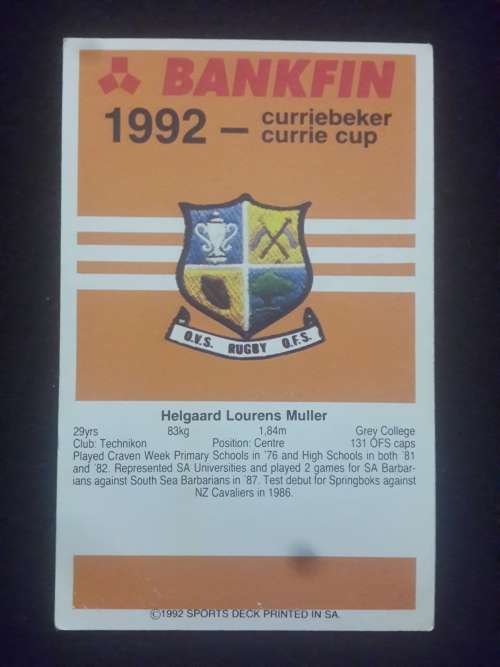 1992 Sports Deck Trading Cards # 95 Helgaard Muller
