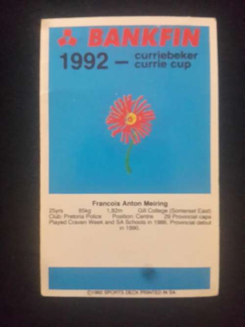 1992 Sports Deck Trading Cards # 109 F A Meiring