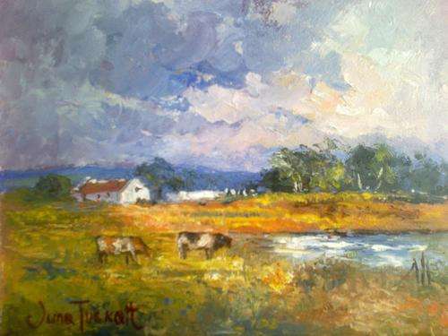 Freestate landscape with cattle/stormy skies ***JUNE TUCKETT*** 20 x 30